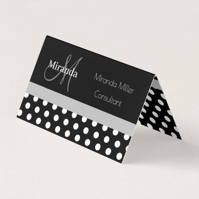 Tarjeta De Visita Monograma gris Punto de Polka Blanco Negro (Anverso)