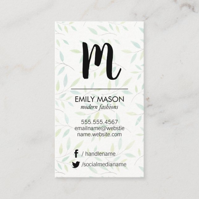 Tarjeta De Visita Monograma/hojas y ramas de moda (Anverso)