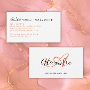 Tarjeta De Visita Monograma Inicial Coral Rosa Nombre en Letra Scrip