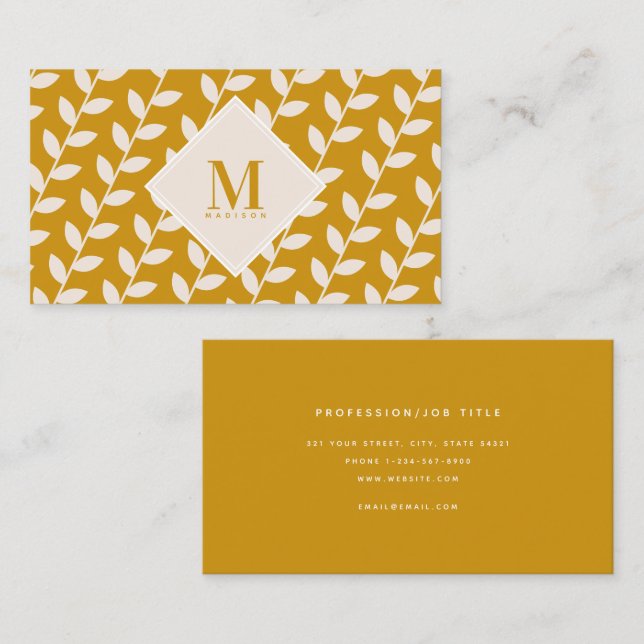 Tarjeta De Visita Monograma inicial de la hoja retro amarillo mostaz (Anverso / Reverso)