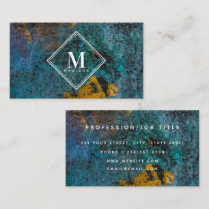 Tarjeta De Visita Monograma Inicial Textura Metálica Azul Oro Oxidad