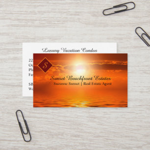 Tarjeta De Visita Monograma inmobiliario Naranja atardecer al mar