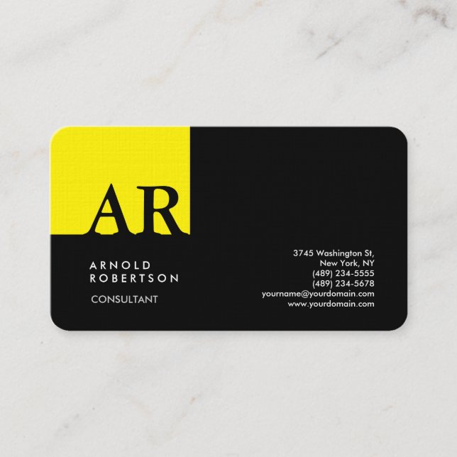 Tarjeta De Visita Monograma Lino Amarillo Negro Moderno (Anverso)