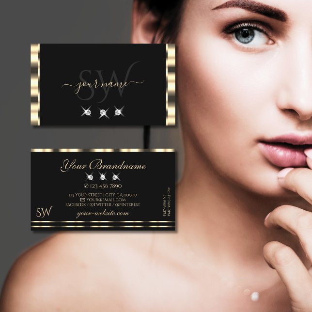 Tarjeta De Visita Monograma lujoso Glam Gold Black Sparkling Diamond (Subido por el creador)