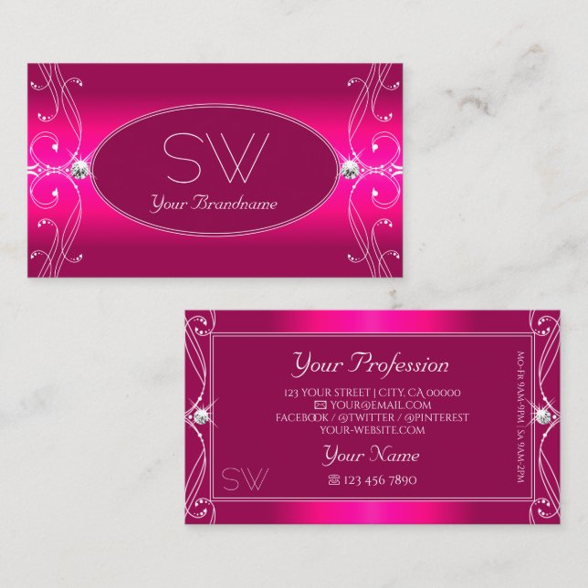 Tarjeta De Visita Monograma lujoso Glam Pink Ornate Sparkling Diamon (Anverso / Reverso)