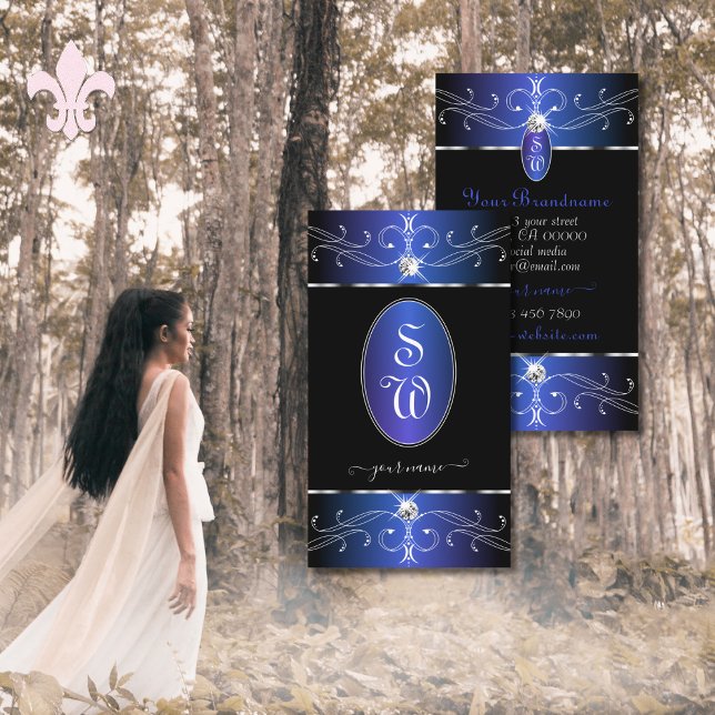 Tarjeta De Visita Monograma lujoso Ornato Azul Negro (Subido por el creador)