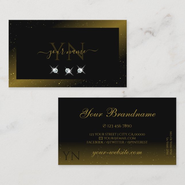 Tarjeta De Visita Monograma lujoso oro negro esparcido de diamantes (Anverso / Reverso)