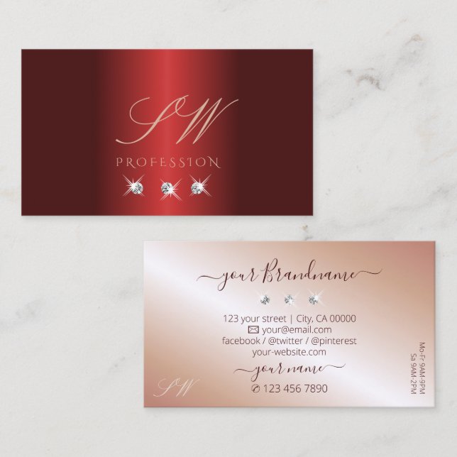Tarjeta De Visita Monograma lujoso Red Rose Gold Sparkle Diamonds (Anverso / Reverso)