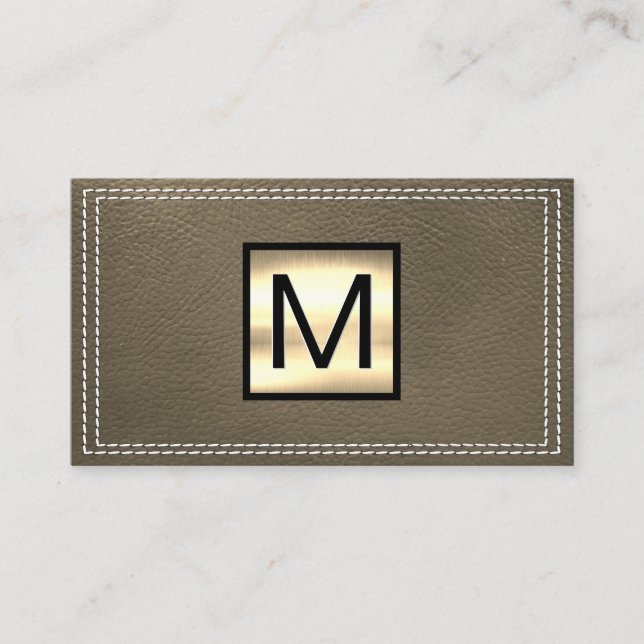 Tarjeta De Visita Monograma metálico | Cuero de Sepia de doble punta (Anverso)