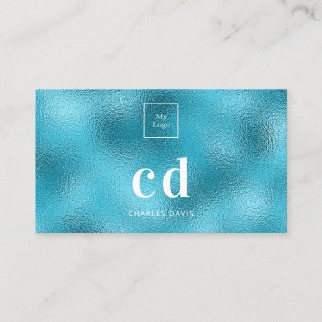 Tarjeta De Visita Monograma metálico del océano azul con logotipo (Anverso)