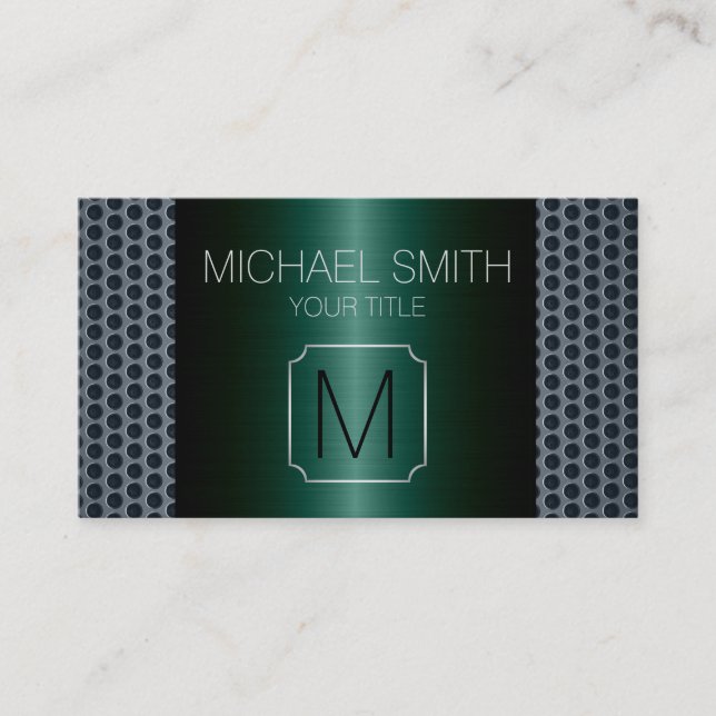 Tarjeta De Visita Monograma Metalizado inoxidable de lujo verde azul (Anverso)