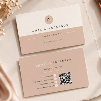 Tarjeta De Visita Monograma Minimalista Neutro Código Qr Beige
