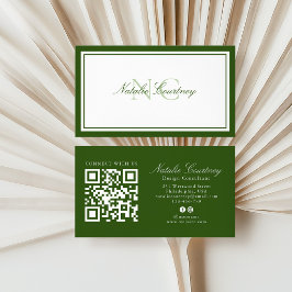 Tarjeta De Visita Monograma minimalista verde con dos bordes y códig