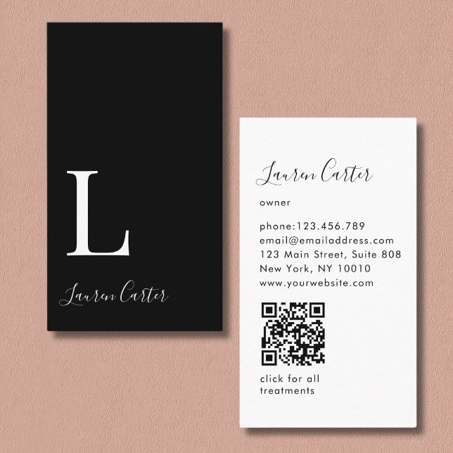 Tarjeta De Visita Monograma mínimo moderno Código QR negro (Modern Minimal Monogram Black QR Code Business Card)