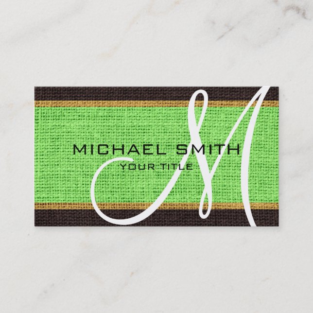 Tarjeta De Visita Monograma Mint Green Burlap Linen Rustic Jute (Anverso)