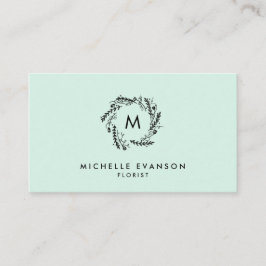Tarjeta De Visita Monograma Mint Green y Black Floral Wreath