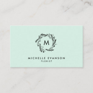 Tarjeta De Visita Monograma Mint Green y Black Floral Wreath