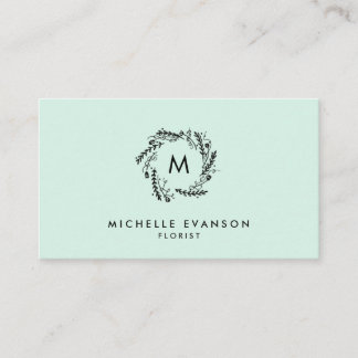 Tarjeta De Visita Monograma Mint Green y Black Floral Wreath