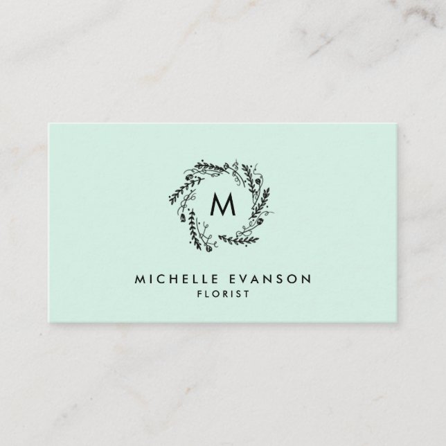 Tarjeta De Visita Monograma Mint Green y Black Floral Wreath (Anverso)