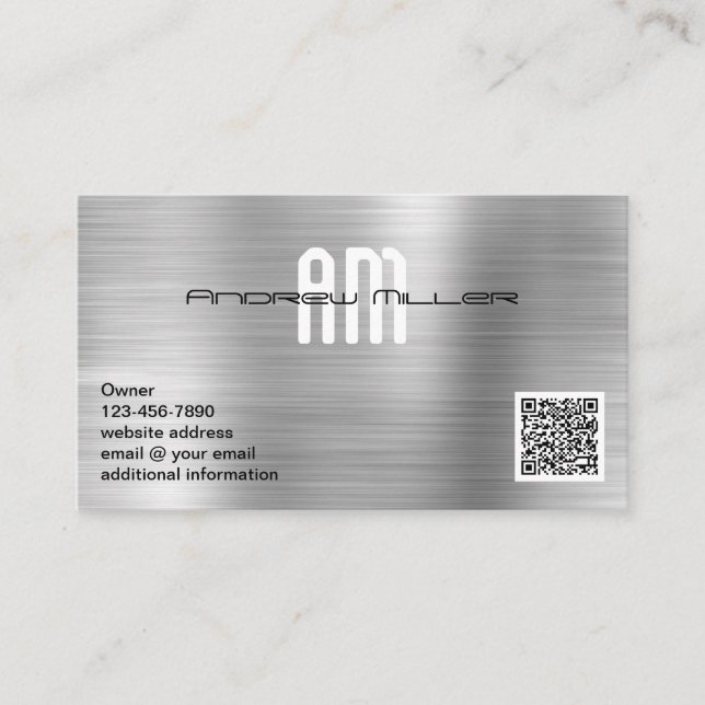 Tarjeta De Visita Monograma moderno Agregar código QR Metal cepillad (Anverso)