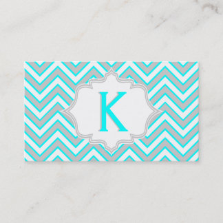 Tarjeta De Visita Monograma moderno azul acuático, chevron gris