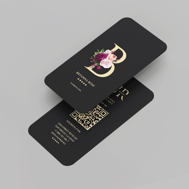 Tarjeta De Visita Monograma moderno B Dorado estético floral negro (Modern Monogram B Elegant Floral Black Gold Business Card
)