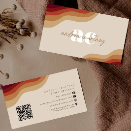 Tarjeta De Visita Monograma moderno Boho Beige Terracotta Wavy Line 