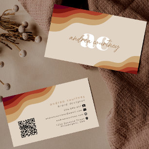 Tarjeta De Visita Monograma moderno Boho Beige Terracotta Wavy Line