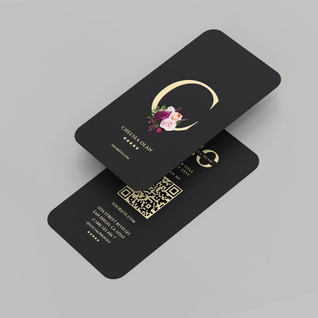 Tarjeta De Visita Monograma moderno C Elegante Floral de oro negro (Modern Monogram C Elegant Black Gold Floral Business Card
)