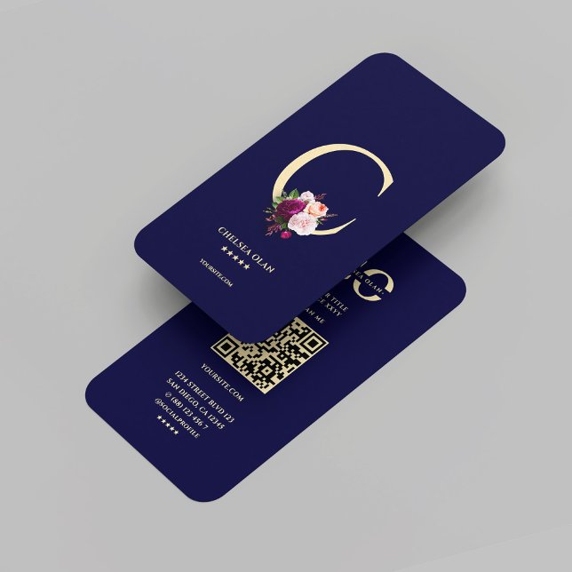 Tarjeta De Visita Monograma moderno C Floral Medianoche Oro Azul (Modern Monogram C Floral Midnight Blue Gold Business Card
)