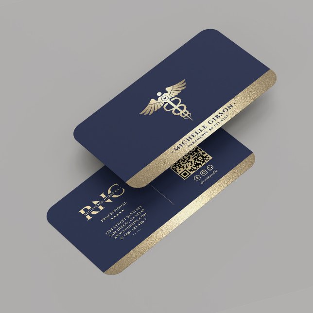 Tarjeta De Visita Monograma moderno Caduceus médico Blue Faux Gold (Modern Monogram Medical Caduceus Blue Gold Business Card
)