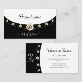 Tarjeta De Visita Monograma moderno de borde dorado negro y blanco