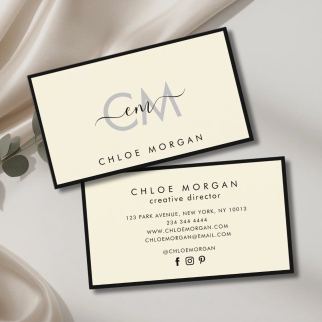 Tarjeta De Visita Monograma moderno de escritura de marfil negro (Subido por el creador)