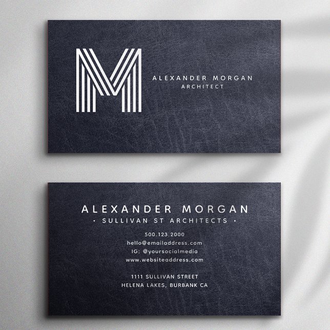 Tarjeta De Visita Monograma moderno de moda de cuero azul (Subido por el creador)