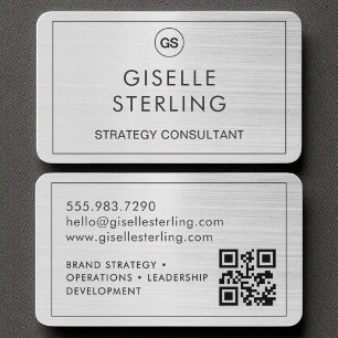 Tarjeta De Visita Monograma moderno de plata cepillado código QR