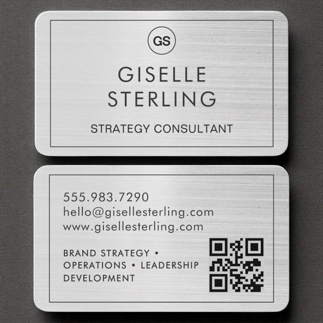 Tarjeta De Visita Monograma moderno de plata cepillado código QR (Subido por el creador)
