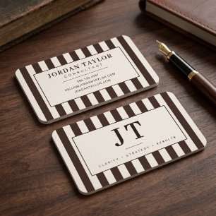 Tarjeta De Visita Monograma Moderno de Rayas Marrones de Chocolate