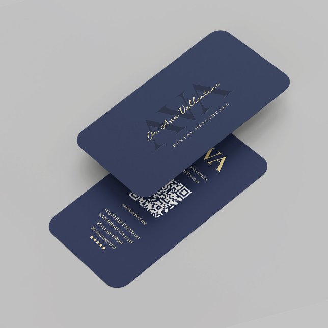 Tarjeta De Visita Monograma moderno Dentista Dental Ortodontista Azu (Modern Monogram Dentist Dental Orthodontist Blue Gold Professional Marketing QR Code Business Card
)