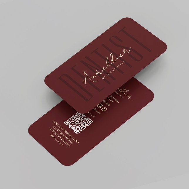 Tarjeta De Visita Monograma moderno Dentista Oscuro Oro Marrón Rojo (Modern Monogram Dentist Dark Red Maroon Gold Business Card
)