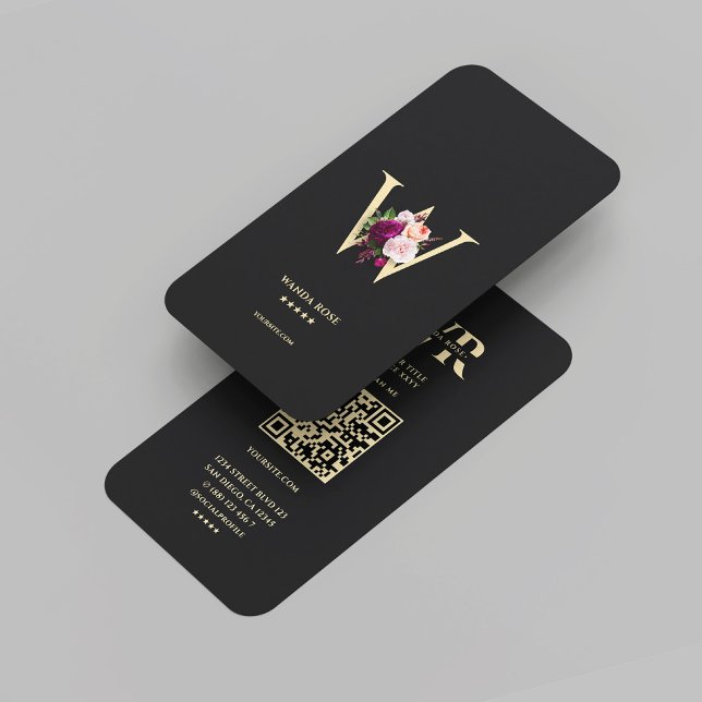 Tarjeta De Visita Monograma moderno elegante con oro negro floral (Modern Elegant Monogram W Floral Black Gold Business Card
)