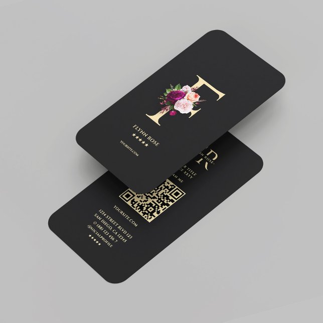 Tarjeta De Visita Monograma moderno elegante F Rosa floral negro (Modern Elegant Monogram F Floral Black Gold Business Card
)