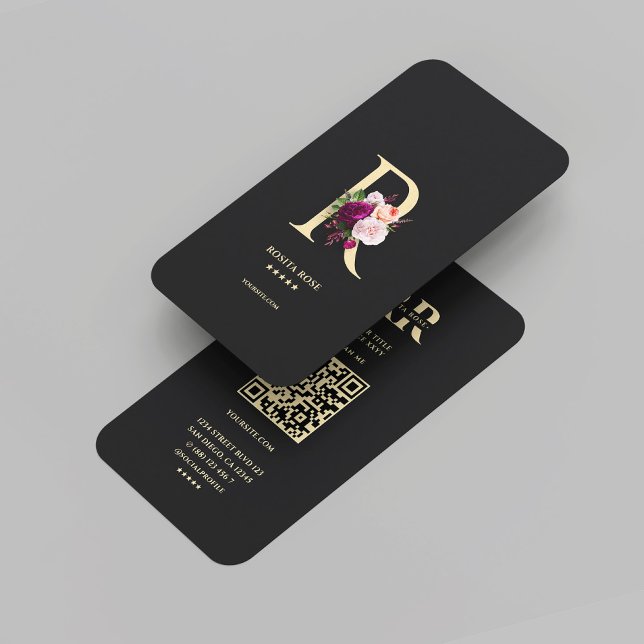 Tarjeta De Visita Monograma moderno elegante R Dorado floral negro (Modern Elegant Monogram R Floral Black Gold Business Card
)