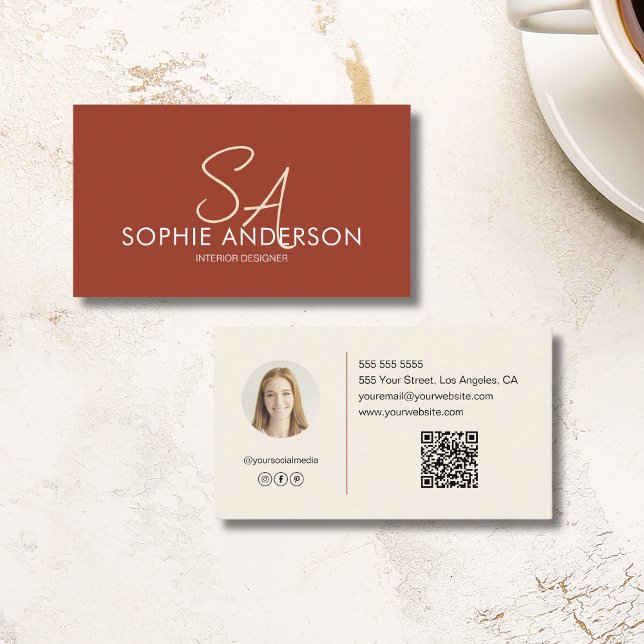 Tarjeta De Visita Monograma moderno Foto QR Terracotta Profesional (Modern Monogram Photo QR Terracotta Professional Business Card)