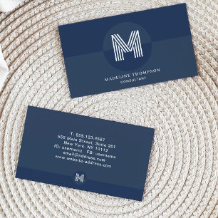 Tarjeta De Visita Monograma moderno geométrico azul de la marina ret