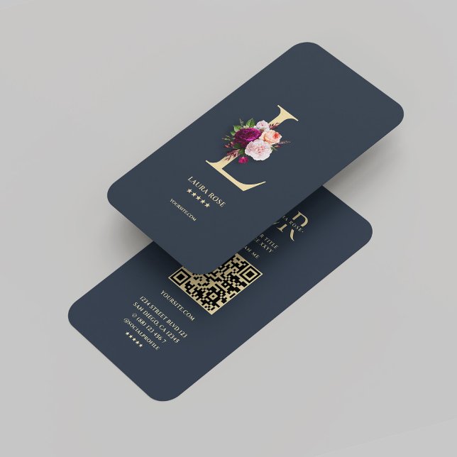 Tarjeta De Visita Monograma moderno L Floral Dark Blue Gold (Modern Monogram L Floral Dark Blue Gold Business Card
)