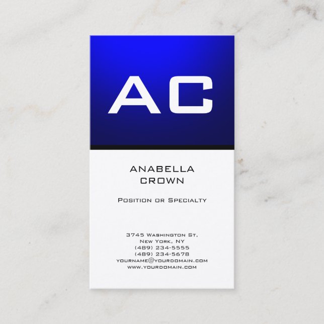 Tarjeta De Visita Monograma moderno Llanto azul blanco Seda Premium (Anverso)