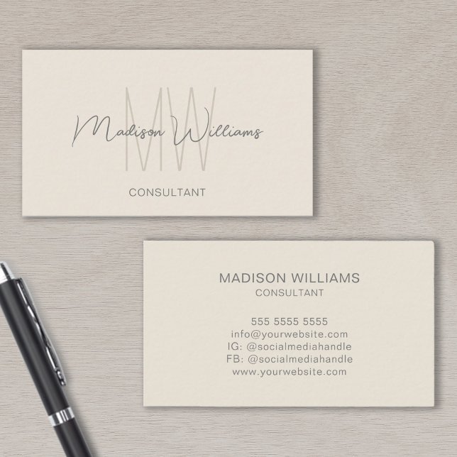 Tarjeta De Visita Monograma moderno Nombre Cream Tan Consultor (Monogram Modern Logo Name Cream Tan Consultant Business Card)