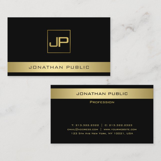 Tarjeta De Visita Monograma Moderno personalizado Negro Y Oro Elegan (Anverso / Reverso)
