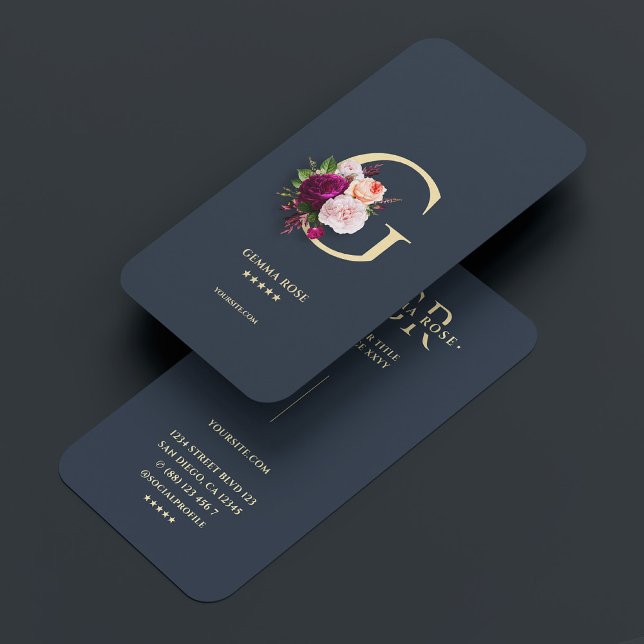 Tarjeta De Visita Monograma moderno Profesional Floral Azul oscuro G (Modern Monogram Professional Dark Blue Floral G Business Card
)
