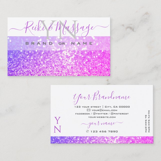Tarjeta De Visita Monograma moderno Purpurina de espuma morada rosa  (Anverso / Reverso)